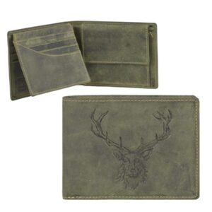Geldbörse Leder Hirsch-Prägung oliv | Greenburry Hunting Portemonnaie mit Sichtfenster. Robuster Organizer für Jäger und Outdoor-Fans.