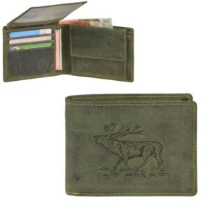 Geldbörse Leder Hirsch-Prägung oliv | Greenburry Vintage Hunting Portemonnaie Querformat. Strukturierter Organizer mit 7 Kartenfächern aus Leder.