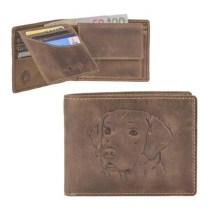 Geldbörse Labrador-Prägung Leder antikbraun Vintage | Greenburry. Querformatiges Portemonnaie mit Hundeprägung und vielen Kartenfächern für Tierfreund