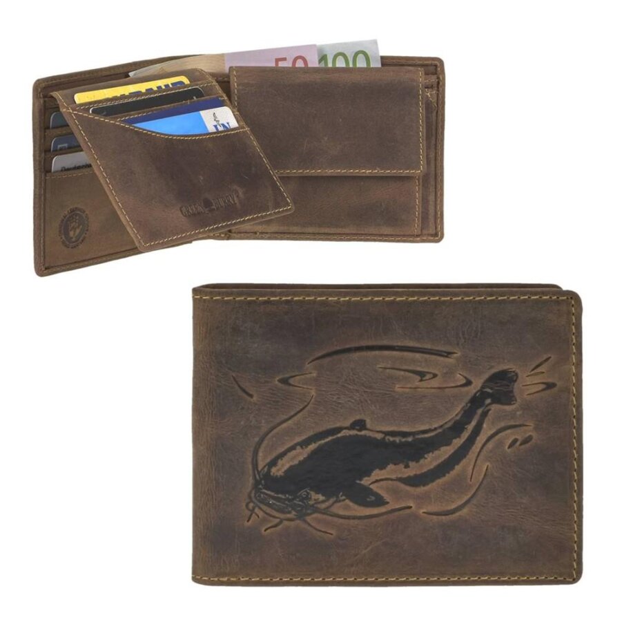 Herren-Geldbörse mit Fisch-Prägung aus Leder in antikbraun im Querformat | Greenburry. Strukturierte Fächer für den perfekt organisierten Alltag.