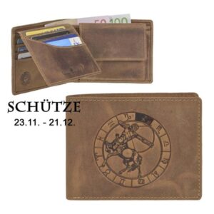 Geldbörse Leder Schütze-Prägung antikbraun | Greenburry Vintage Portemonnaie mit Sternzeichen. Strukturierter Organizer mit 7 Kartenfächern.