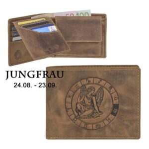 Geldbörse Leder Jungfrau-Prägung antikbraun | Greenburry Vintage Portemonnaie mit Sternzeichen. Strukturierter Organizer mit 7 Kartenfächern.