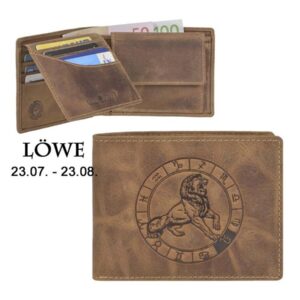 Geldbörse Leder Löwe-Prägung antikbraun | Greenburry Vintage Portemonnaie mit Sternzeichen. Robuster Organizer mit 7 Kartenfächern.