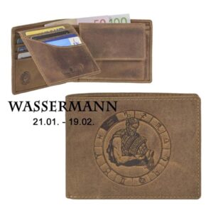 Geldbörse Leder Wassermann-Prägung antikbraun | Greenburry Vintage Portemonnaie mit Sternzeichen. Strukturierter Organizer mit 7 Kartenfächern.