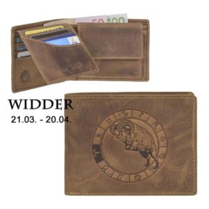 Geldbörse Leder Widder-Prägung antikbraun | Greenburry Vintage Portemonnaie mit Sternzeichen. Kompakter Organizer mit 7 Kartenfächern aus Leder.