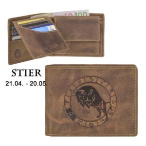 Geldbörse Leder Stier-Prägung antikbraun | Greenburry Vintage Portemonnaie mit Sternzeichen. Robuster Organizer mit 7 Kartenfächern aus Leder.
