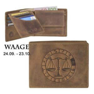 Geldbörse Leder Waage-Prägung antikbraun | Greenburry Vintage Portemonnaie mit Sternzeichen. Harmonischer Organizer mit 7 Kartenfächern.