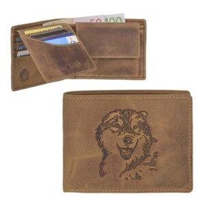 Geldbörse Wolf-Motiv Leder antikbraun Vintage | Greenburry. Querformatiges Portemonnaie mit Natur-Prägung und vielen Fächern für Individualisten.