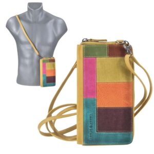 Handy-Tasche zum Umhängen mit Geldbörse aus Leder in gelb bunt | Greenburry. Perfekte Kombination aus Mobilität und Struktur für Ihren Alltag.