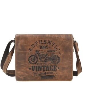 Kuriertasche mit Cafe-Racer-Prägung aus Leder in antikbraun Format A4 | Greenburry. Coole Umhängetasche für Herren mit praktischen Stiftschlaufen.