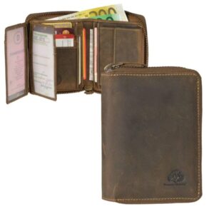 Herren Geldbörse mit Reißverschluss und Münzfach Leder braun | Greenburry Vintage Portemonnaie 9 Kartenfächer und RFID Schutz 821A-25