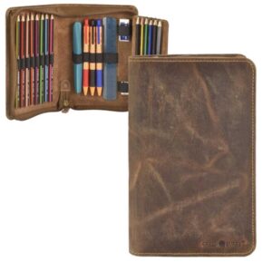 Stiftetui Leder 1 Klappe antikbraun | Greenburry Vintage Mäppchen mit 17 Schlaufen. Kompakter Organizer für Stifte und Lineal mit Reißverschluss.