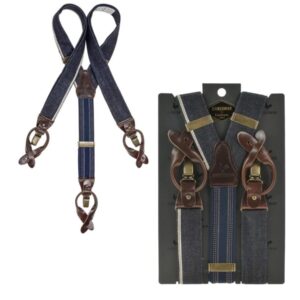 Sir Redman Hosenträger Herren Candiani Denim 35mm blau-braun. Ein stilvolles Accessoire-Set aus Baumwoll-Mix für einen markanten Vintage-Auftritt.