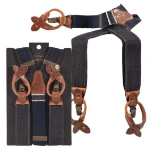 Sir Redman Hosenträger Herren Candiani Denim 35mm blau-cognac. Ein stilvolles Accessoire-Set aus Baumwoll-Mix für einen markanten Vintage-Auftritt.