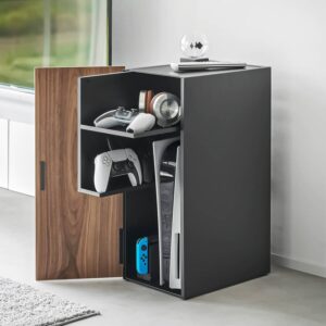 Yamazaki Beistellschrank Spielekonsole ausziehbar 25x60x37cm Metall schwarz. Diskreter Gaming-Organizer für ein aufgeräumtes Wohnzimmer.