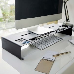Yamazaki Monitorbank ergonomisch 58x8x24cm Metall schwarz. Ein stilvolles Design-Element für maximale Ordnung und Struktur auf dem Schreibtisch.