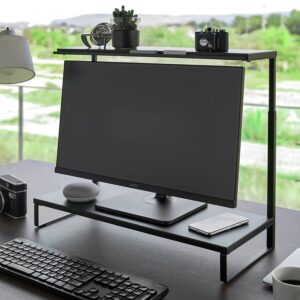 Yamazaki Monitorständer 2 Ebenen platzsparend Tower – Metall schwarz. Edler schwarzer Schreibtisch-Organizer für ergonomisches Arbeiten und Ordnung.