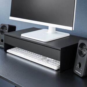Monitorständer mit Schublade Metall schwarz 50x13x24cm | Yamazaki Bildschirmerhöhung für einen professionellen Arbeitsplatz mit klarem Ordnungssystem.