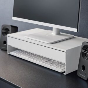 Monitorständer mit Schublade Metall weiß 50x13x24cm | Yamazaki Bildschirmerhöhung für einen organisierten und hellen Arbeitsplatz im modernen Design.