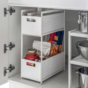 Yamazaki Schrank-Aufbewahrungskorb-Set ausziehbar 32x46x16cm Metall weiß. Modulares Schubladensystem für maximale Ordnung in Küche und Badezimmer.