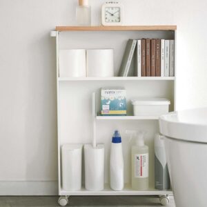 Yamazaki Toilettenpapier-Aufbewahrung mobil 13x68x47,5cm Metall weiß. Minimalistischer Badwagen für diskrete Ordnung auf kleinstem Raum im Badezimmer.